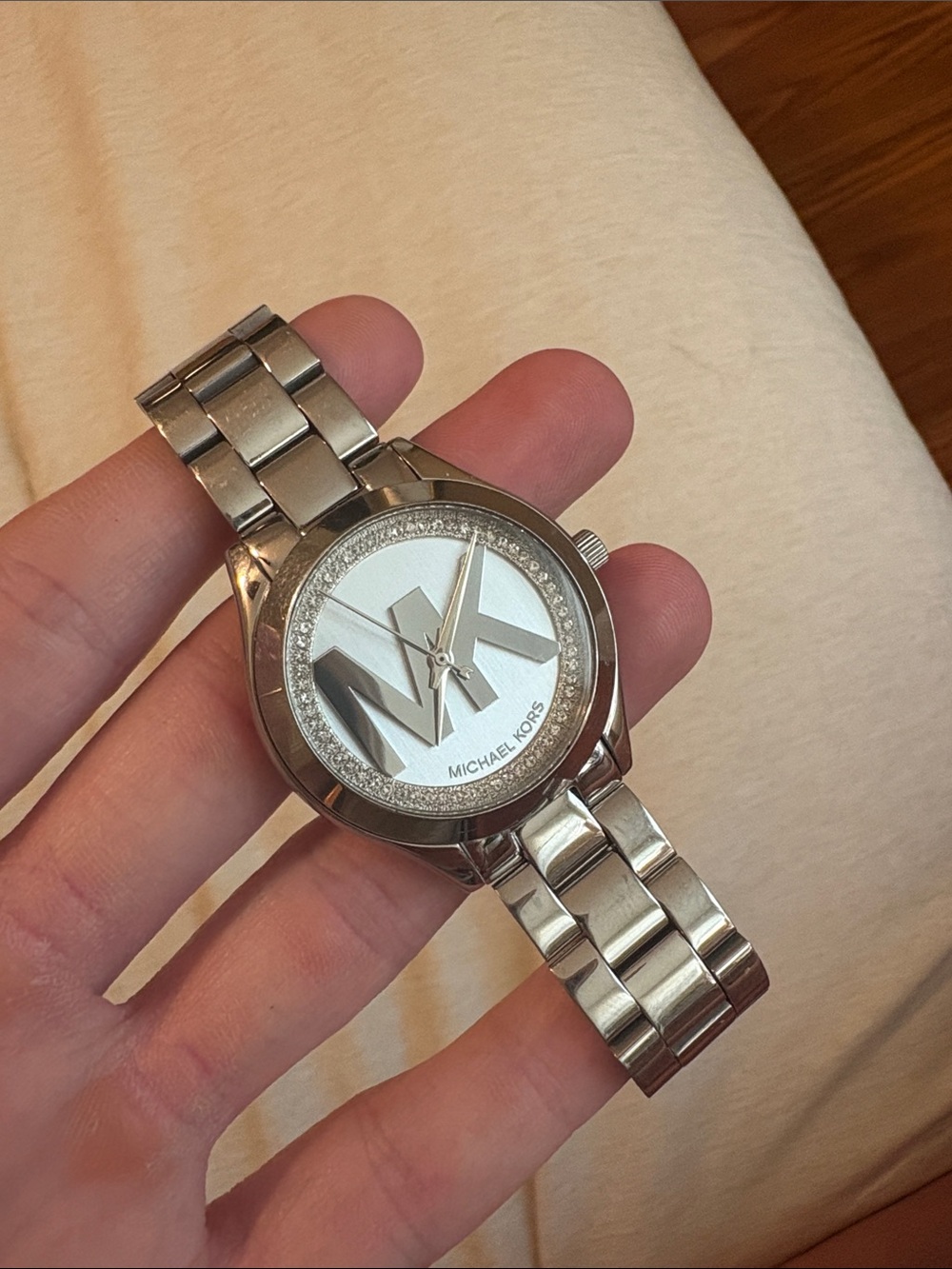 Michael Kors Silver-Tone MK Logo Crystal Bezel Watch